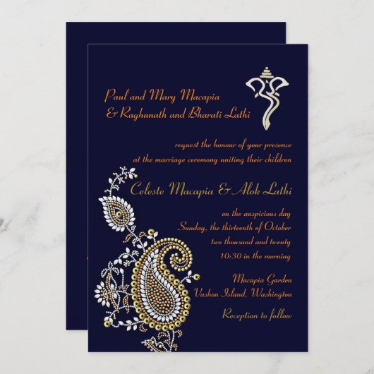 ガネーシュ　ジュエルド　ゴールド　シルバー　ペイズリー　ヒンズー　ウェディング プログラム (正面/裏面)