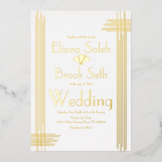 ガブモダンスアールデコ金ゴールド結婚の押し箔 箔招待状 (正面)