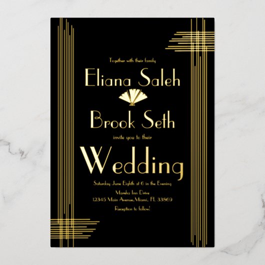 ガブモダンスティアールデコ結婚金ゴールド   箔招待状 (正面)