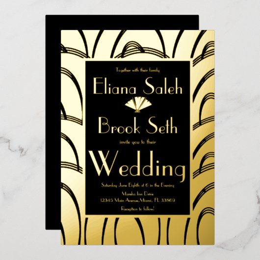 ガブモダンスパターン（の模様が）ある金ゴールド結婚プレス 箔招待状 (正面/裏面)