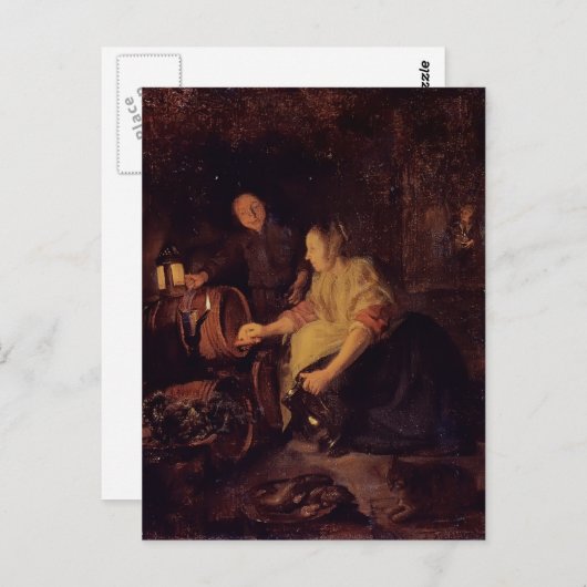 ガブリエル・メツによる樽からの女性スケッチワイン ポストカード (正面/裏面)