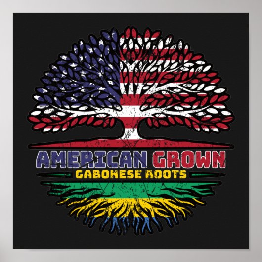 ガボンGabonese American USA木のルーツ国旗 ポスター (正面)