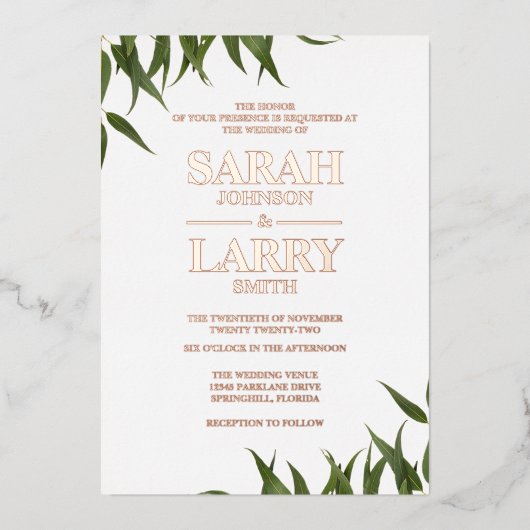 ガムの葉エレガントと結婚金ゴールド伝統的の 箔招待状 (正面)