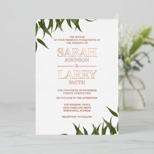 ガムの葉エレガントと結婚金ゴールド伝統的の 箔招待状 (立ち正面)