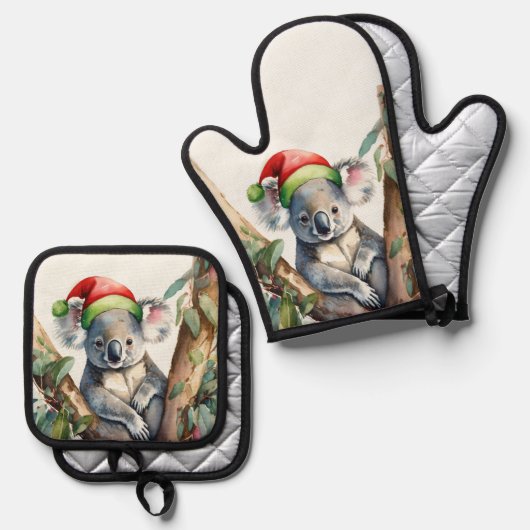 ガムツリーに座っているコアラ・サンタハット 鍋つかみ&鍋敷きセット (正面/裏面)