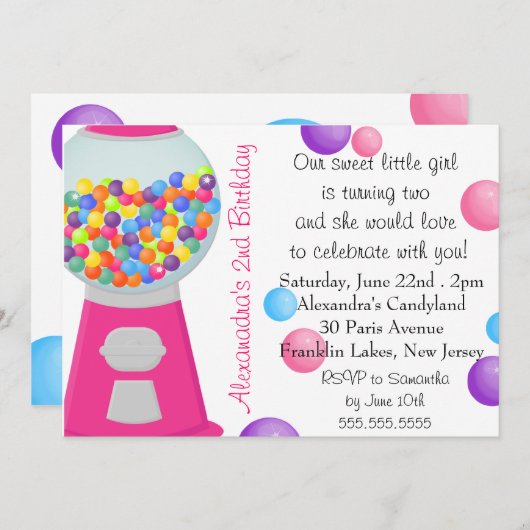 ガムボールマシンキャンディパーティーガール誕生日 招待状 (正面/裏面)
