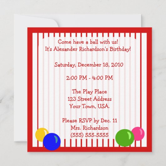 ガムボールマシン児童誕生日招待状 招待状 (裏面)