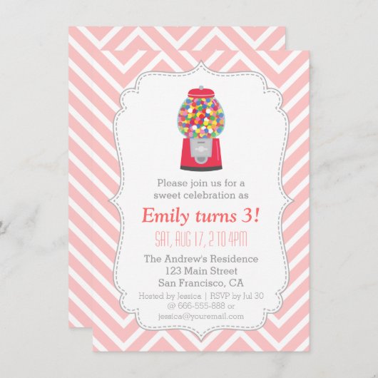 ガムボール·マシン·キャンディーをテーマにした誕生日パーティー 招待状 (正面/裏面)