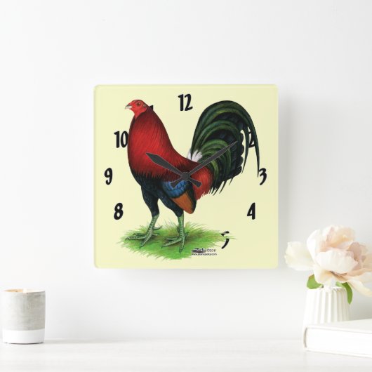 ガメコック:濃い赤 スクエア壁時計 (ホーム)