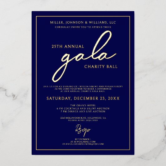 ガライベントチャリティファンドレイザーエレガントブルー金ゴールド 箔招待状 (正面)