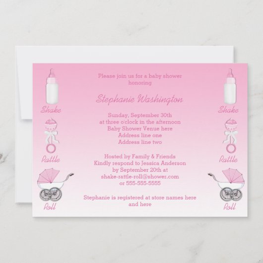ガラガラと女の子の赤ん転が坊のシャワーを振る 招待状 (裏面)