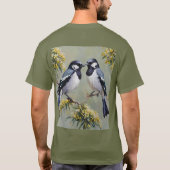 ガラガラの木に咲くオーストラリア産のカササギ絵を描類の油。 Tシャツ (裏面)