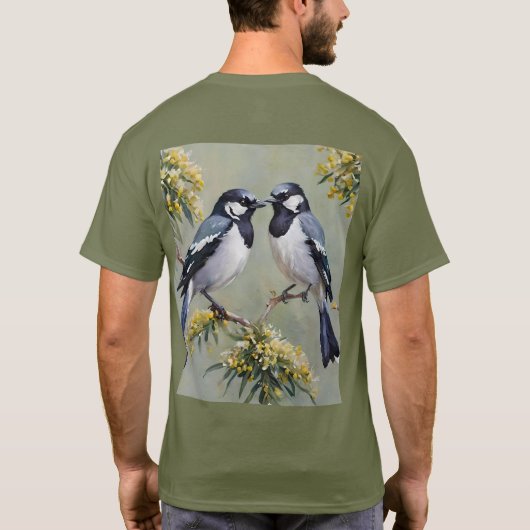 ガラガラの木に咲くオーストラリア産のカササギ絵を描類の油。 Tシャツ (裏面)