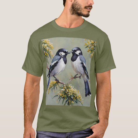 ガラガラの木に咲くオーストラリア産のカササギ絵を描類の油。 Tシャツ (正面)