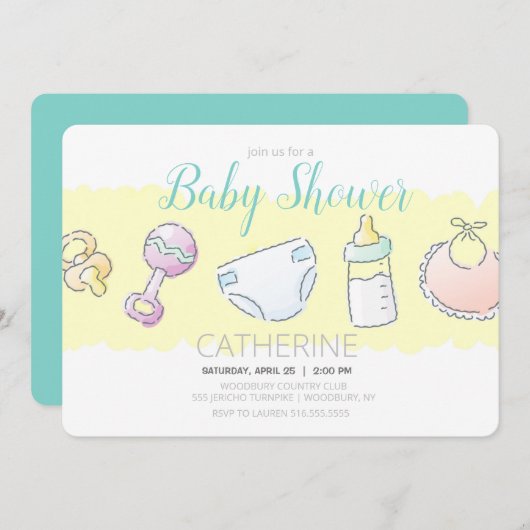 ガラガラ、ボトル、おむつ、よだれかけ、おしゃぶりシャワー 招待状 (正面/裏面)