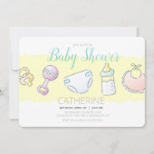 ガラガラ、ボトル、おむつ、よだれかけ、おしゃぶりシャワー 招待状 (正面)