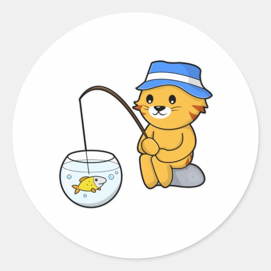 ガラスで魚釣りする猫 ラウンドシール (正面)