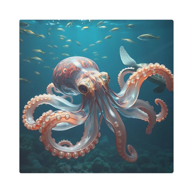 ガラスのようなタコが深い海に メタルプリント (正面)