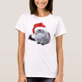ガラスのクリスマスのサンタおもしろいでかわいい猫 Tシャツ