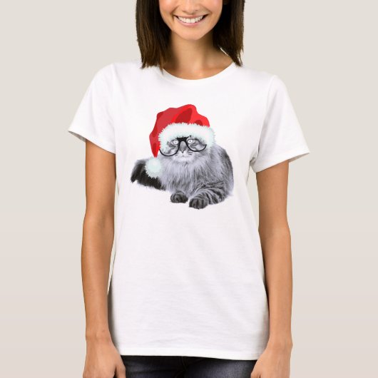 ガラスのクリスマスのサンタおもしろいでかわいい猫 Tシャツ (正面)