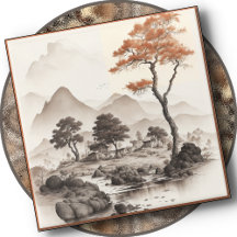 ガラスのコースター – 村、レッドツリー&山