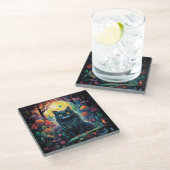 ガラスのコースター – 神秘的な森の中のハロウィーン猫 ガラスコースター (アングル)