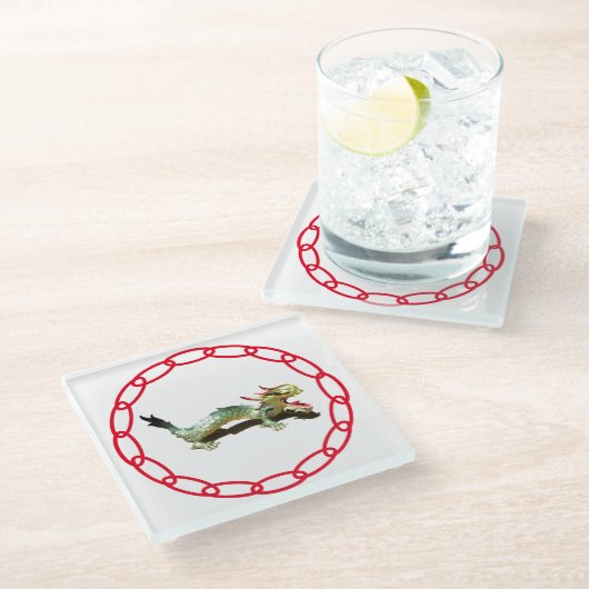 ガラスのコースター – 赤いチェーンのドラゴンと影 ガラスコースター (アングル)