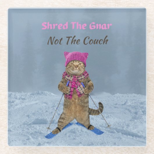 ガラスのコースター、Gnar Ski Catをshred ガラスコースター (正面)