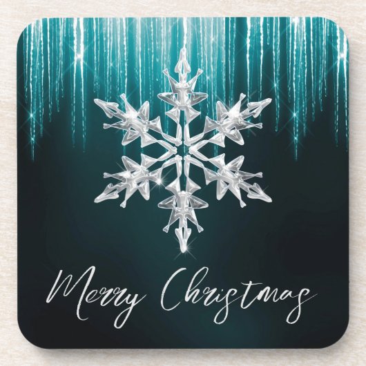 ガラスのスノーフレークのティール（緑がかった色）冬の氷柱クリスマス コースター (正面)