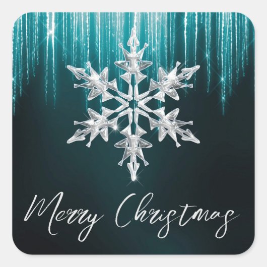 ガラスのスノーフレークのティール（緑がかった色）冬の氷柱クリスマス スクエアシール (正面)