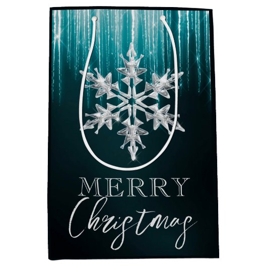 ガラスのスノーフレークのティール（緑がかった色）冬の氷柱クリスマス ミディアムペーパーバッグ (正面)