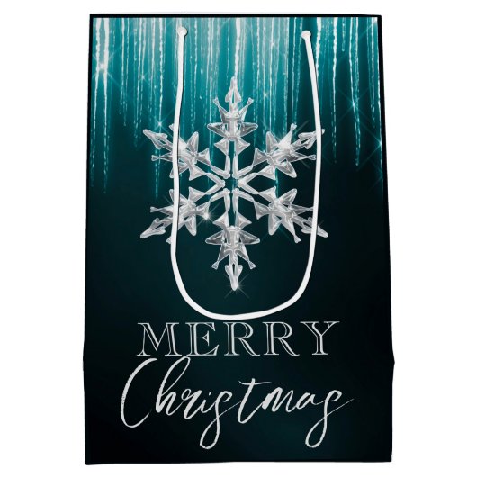 ガラスのスノーフレークのティール（緑がかった色）冬の氷柱クリスマス ミディアムペーパーバッグ (裏面)