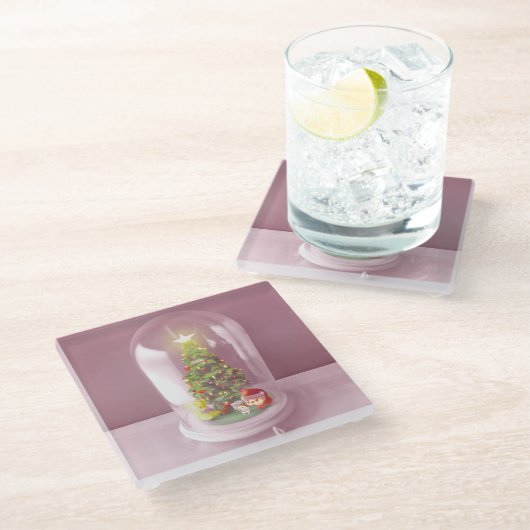 ガラスのドームに入ったクリスマスツリー ガラスコースター (アングル)