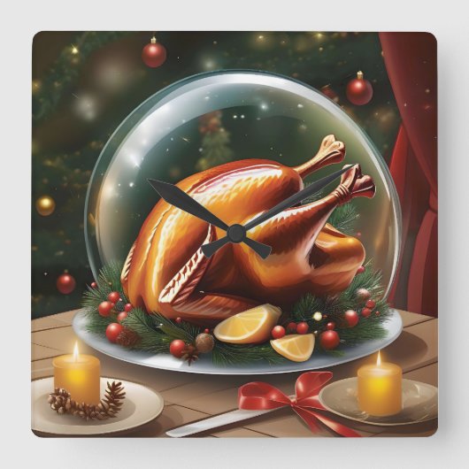 ガラスのドーム下の感謝祭とクリスマストルコ スクエア壁時計 (正面)