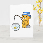 ガラスの中の魚と一緒に釣りをしている猫 カード (黄色い花)