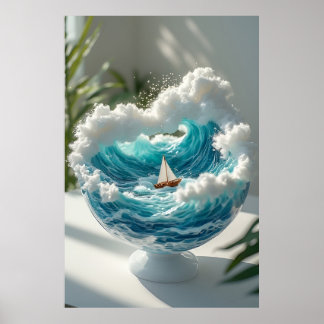 🌊 ガラスの地球儀の中のシュールな海洋と小さな帆船✨ ポスター