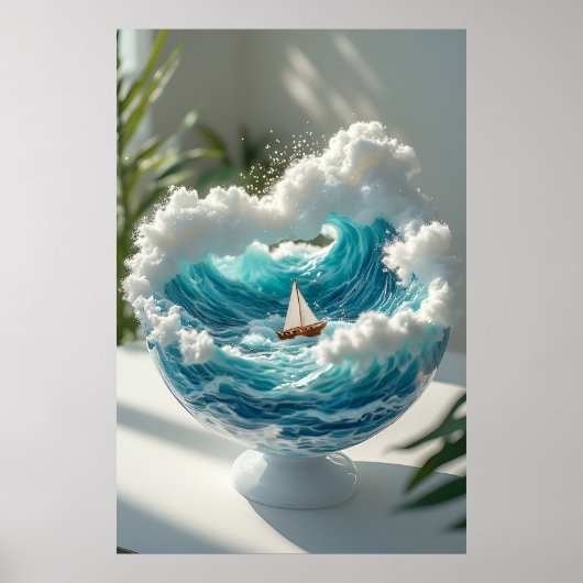 🌊 ガラスの地球儀の中のシュールな海洋と小さな帆船✨ ポスター (正面)