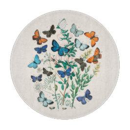 ガラスの板：アンティークプリント：蝶 カッティングボード