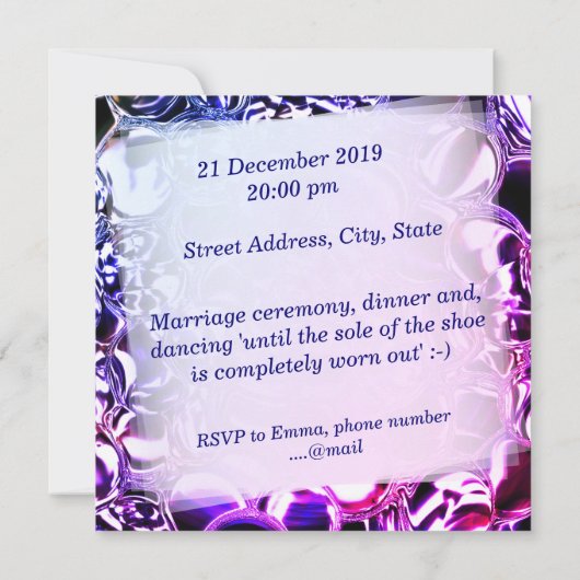 ガラスの泡、または派手な青からピンクの 招待状 (裏面)