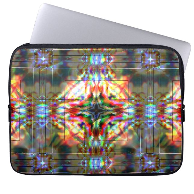 ガラスの花の斑点に暗い星、赤から濃い緑 ラップトップスリーブ (正面)