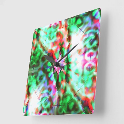 ガラスの花の斑点の星影、ピンクからグリーン スクエア壁時計 (傾斜)