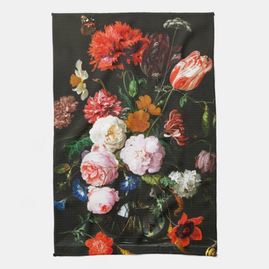 ガラスの花瓶に花を飾る静かなクラシック生活 キッチンタオル (縦)