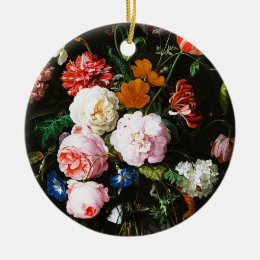 ガラスの花瓶に花を飾る静かなクラシック生活 セラミックオーナメント (正面)