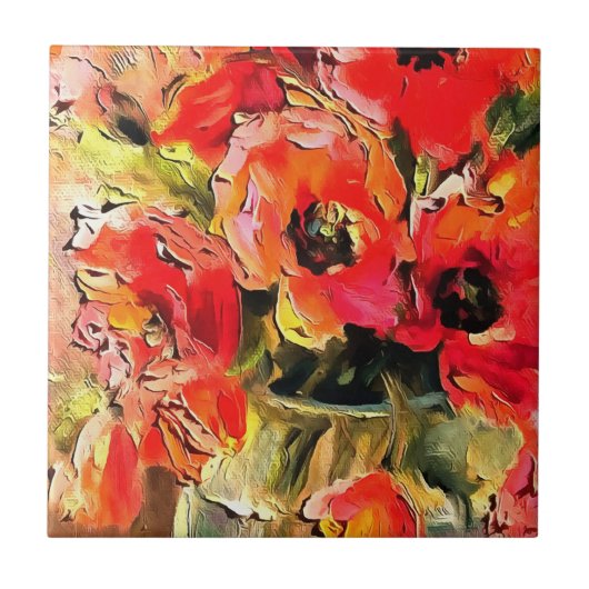 ガラスの花瓶のポピー黒い輪郭アート タイル (正面)