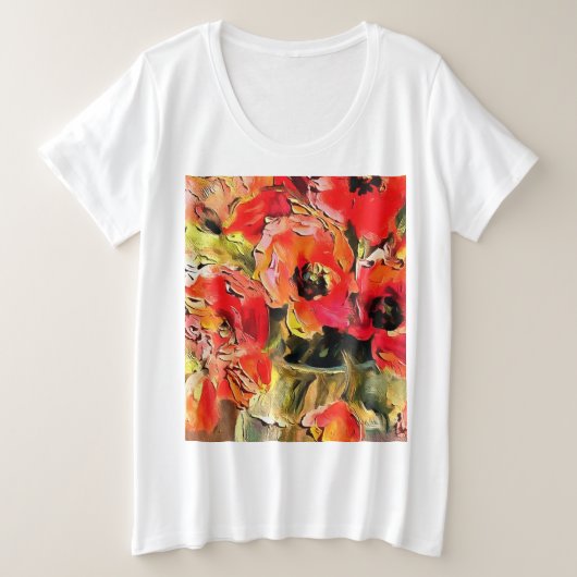 ガラスの花瓶のポピー黒い輪郭アート プラスサイズTシャツ (デザイン正面)