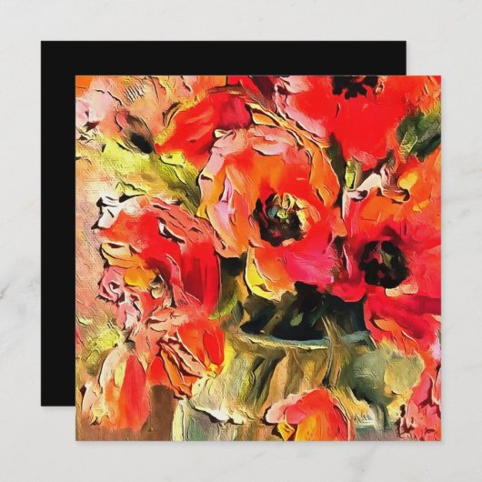 ガラスの花瓶のポピー黒い輪郭アート 招待状 (正面/裏面)