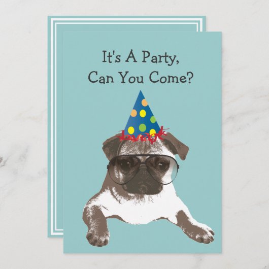ガラスの誕生日のパーティの招待状のおもしろいなパグ 招待状 (正面/裏面)