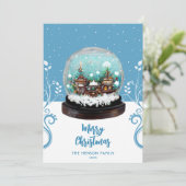 ガラスの雪玉の冬の村の葉のクリスマス シーズンカード (スタンド正面)