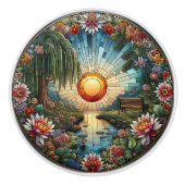 ガラスの静けさフローラステンドグラスの窓 セラミックノブ (正面)