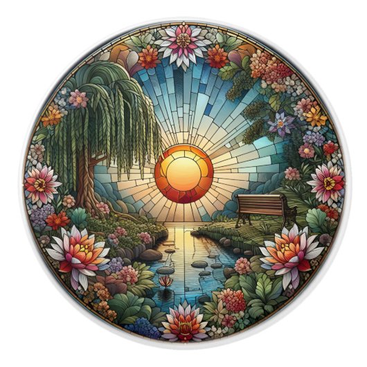 ガラスの静けさフローラステンドグラスの窓 セラミックノブ (正面)